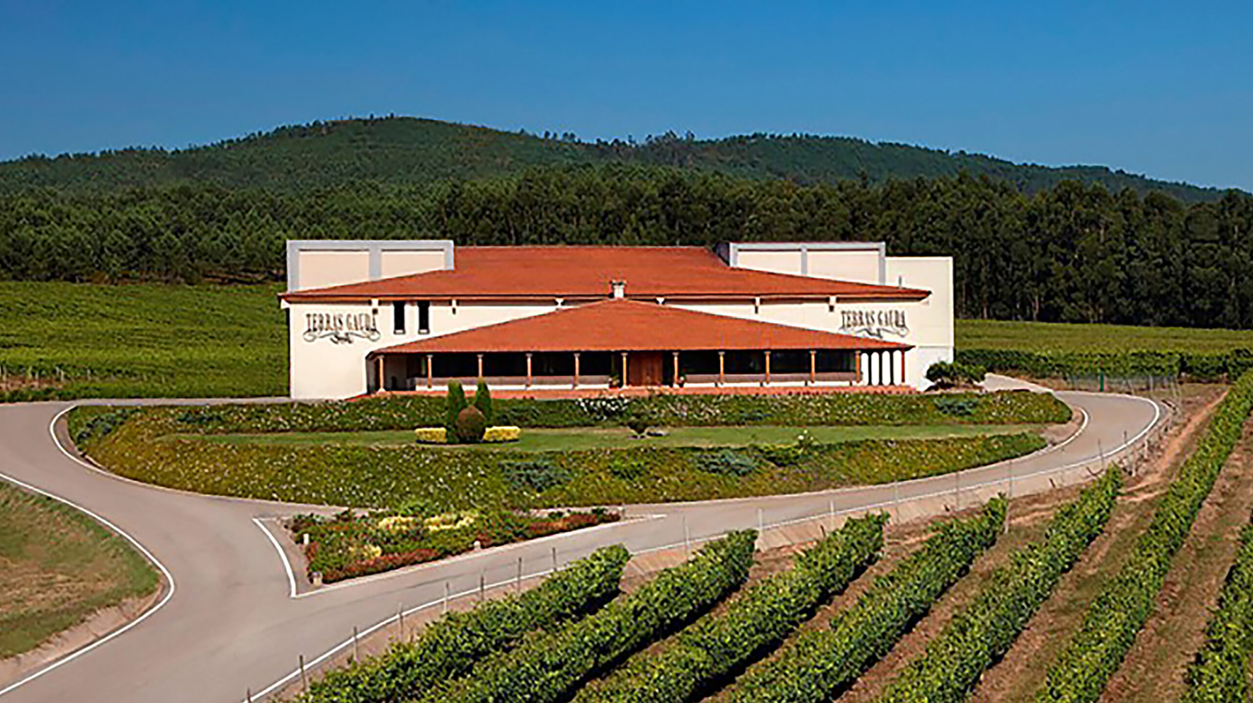 Main building of Terras Gauda winery situated amidst lush green vineyards with mountains in the background