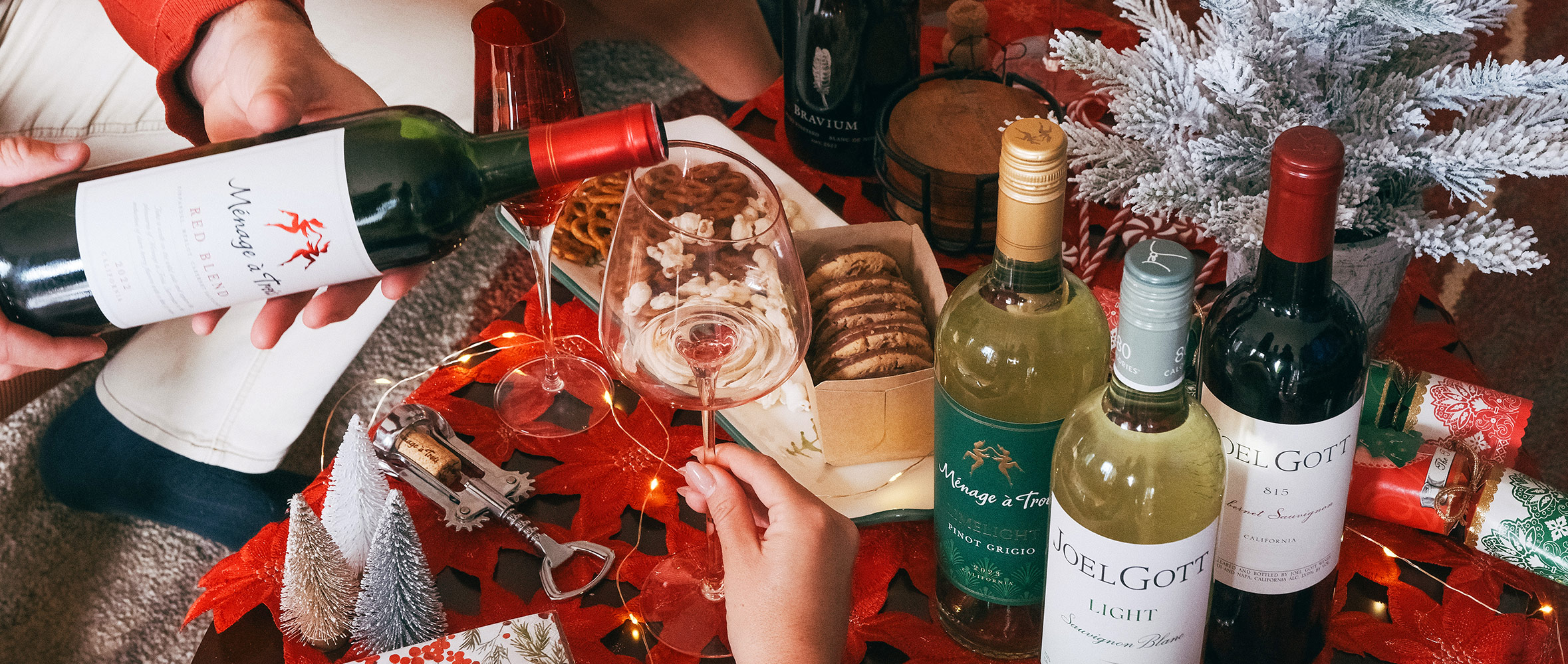 various wines from One Stop Wine Shop being served at a holiday table